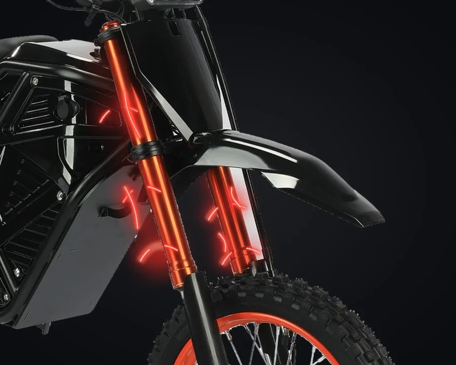 Ridge hydraulic front fork and wheel with illustrative suspension-light effects.