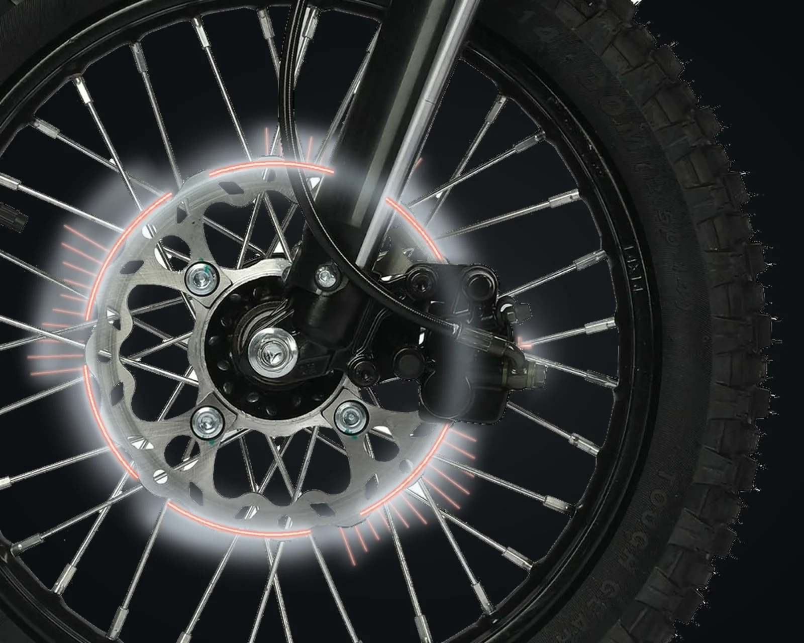 Ridge front brake disc, caliper and hydraulic line with illustrative light effects.