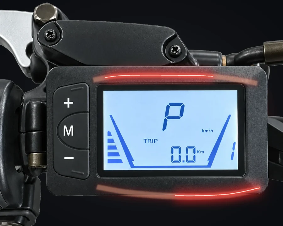Ridge LCD, original buttons and brake lever with illustrative bezel-light effects.