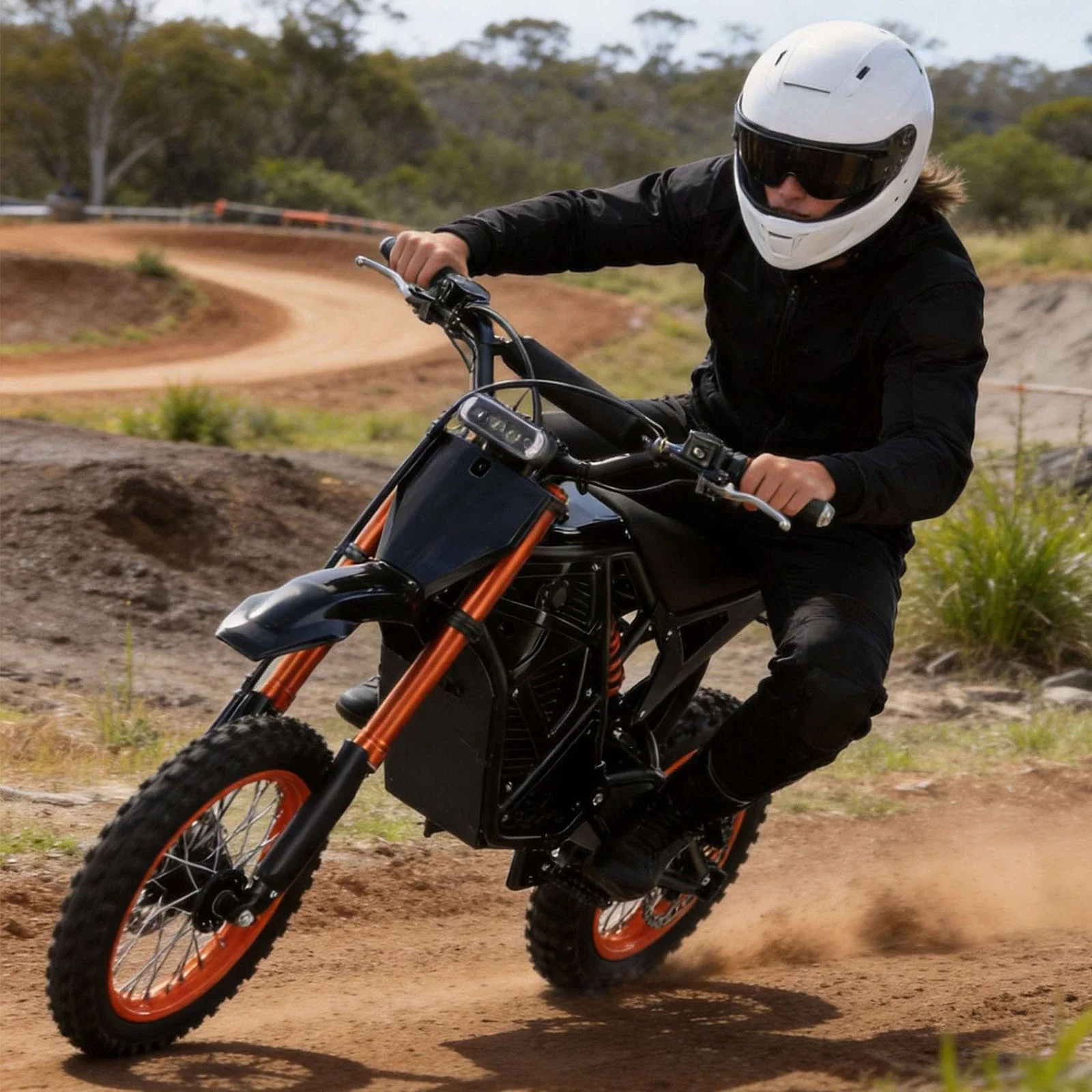 Black and orange electric dirt bike on a dirt track